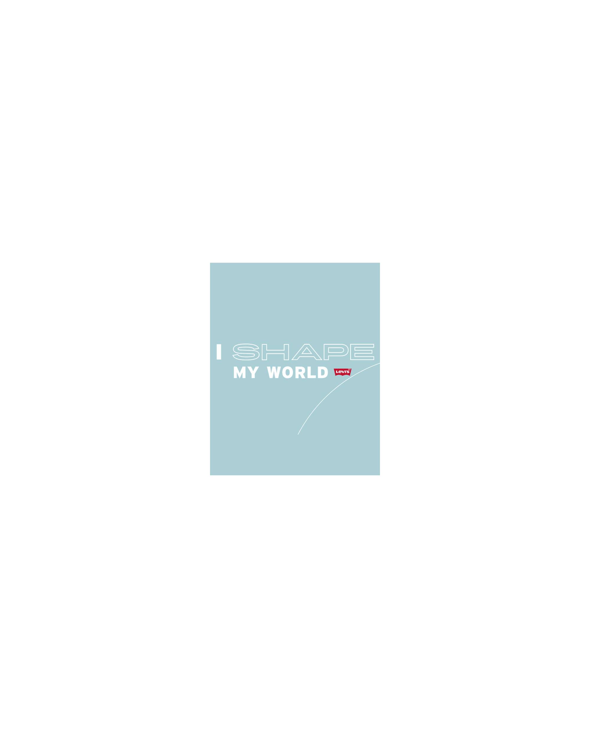 Scrolling "I SHAPE MY WORLD" text moving across a blue background.