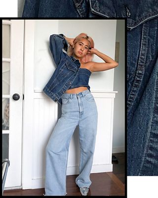 Michelle Li wearing a Levi's trucker buttoned as a top and loose Levi jeans