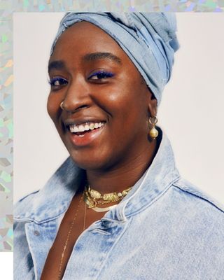 50/50 woman wearing a light denim button up.