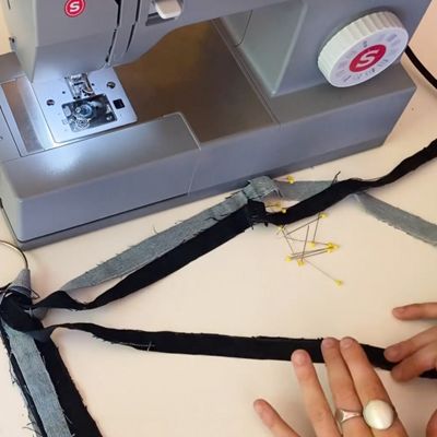 sewing strips to ends of denim strips