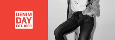 Denim Day white logo on red next to black & white photo of woman in skinny jeans