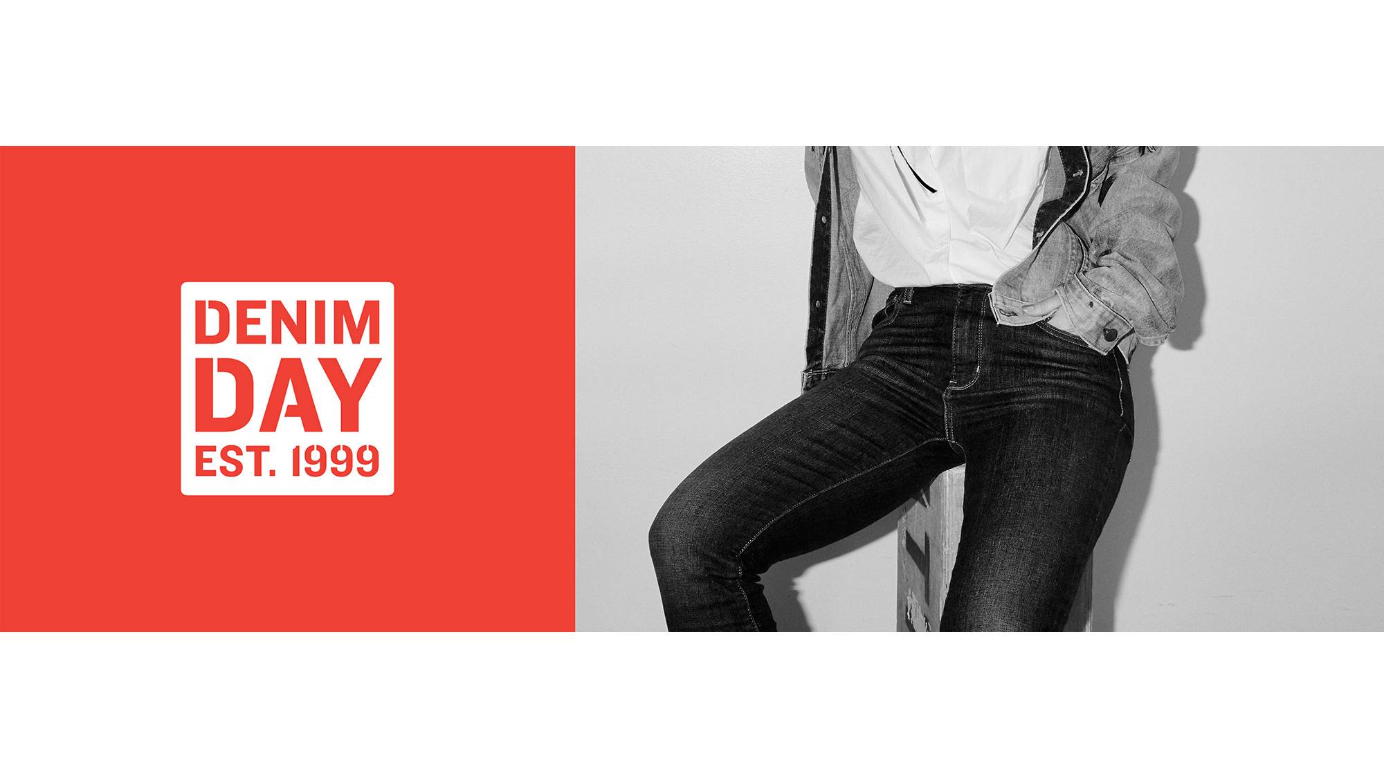 Denim Day white logo on red next to black & white photo of woman in skinny jeans