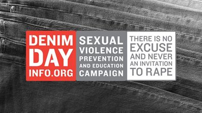 Black and white image of a stack of denim jeans with Denim Day's red, grey and white logo overlaid on top.