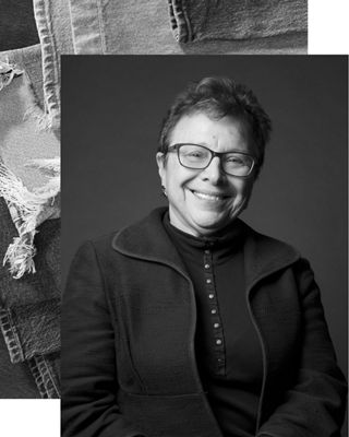 Black and white image of Patti Giggans, Peace Over Violence's executive Director layered on top of a black and white image of frayed denim jeans.