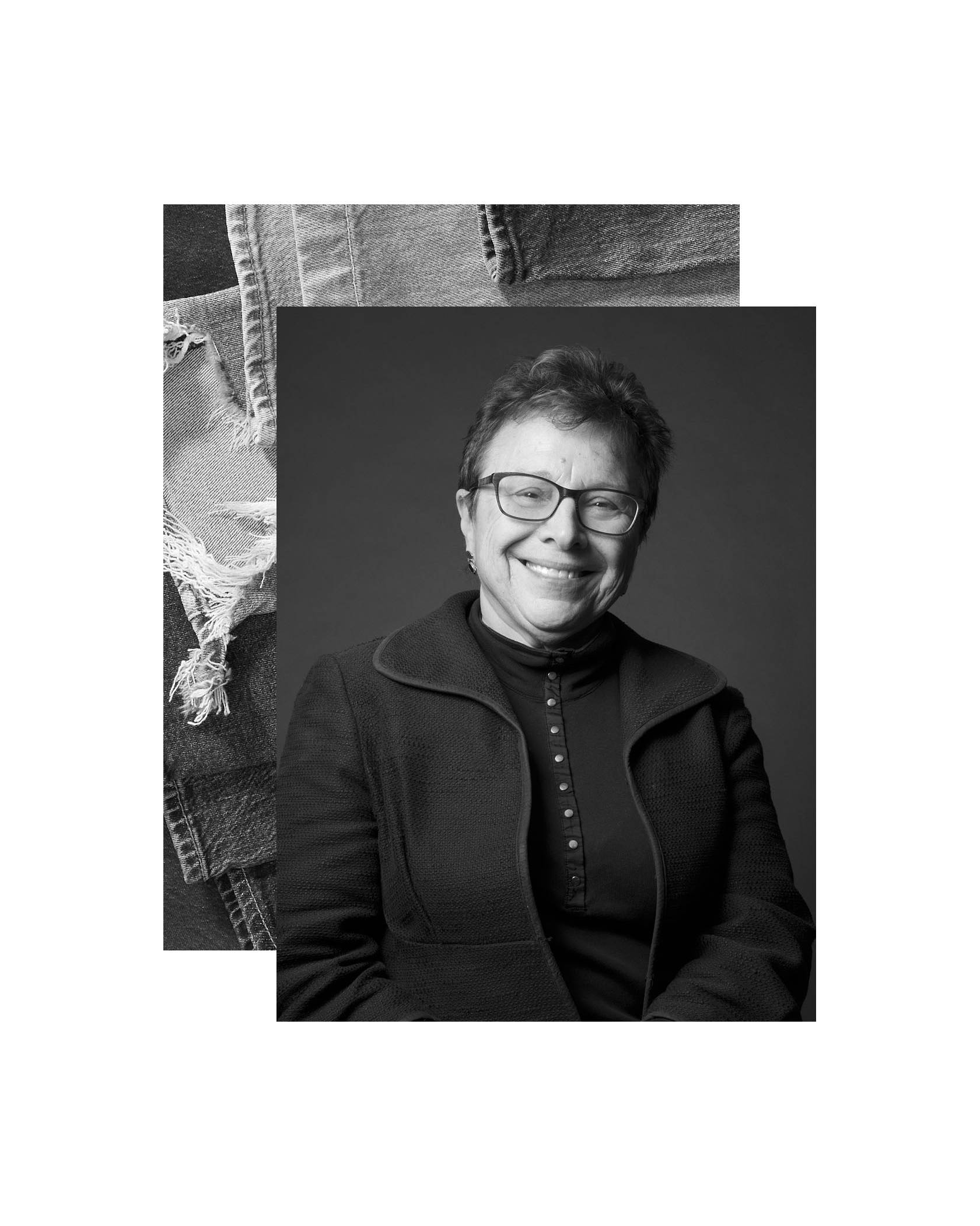 Black and white image of Patti Giggans, Peace Over Violence's executive Director layered on top of a black and white image of frayed denim jeans.