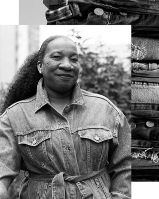 Black and white portrait of Tarana Burke from me too layered on top of stacked jeans.