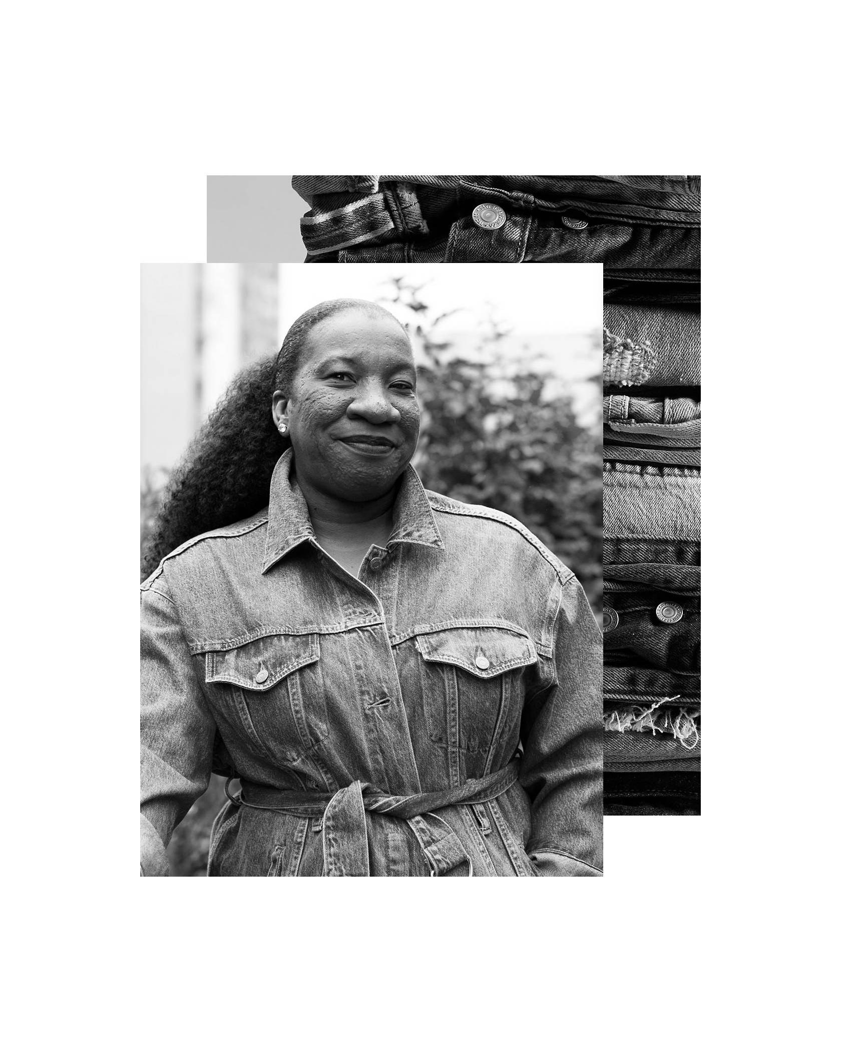 Black and white portrait of Tarana Burke from me too layered on top of stacked jeans.