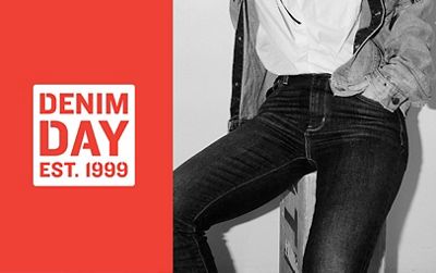 Denim Day white logo on red next to black & white photo of woman in skinny jeans
