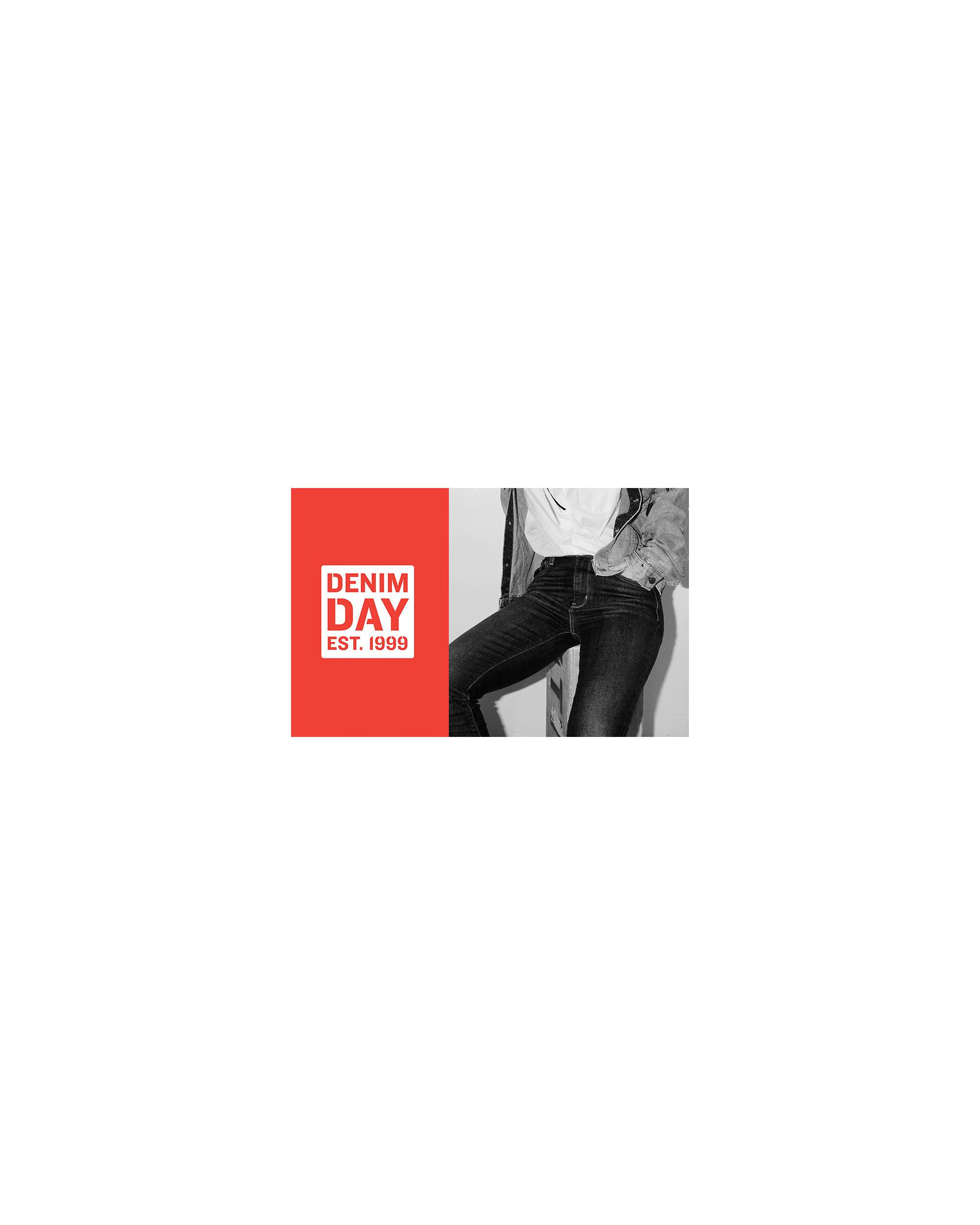 Denim Day white logo on red next to black & white photo of woman in skinny jeans