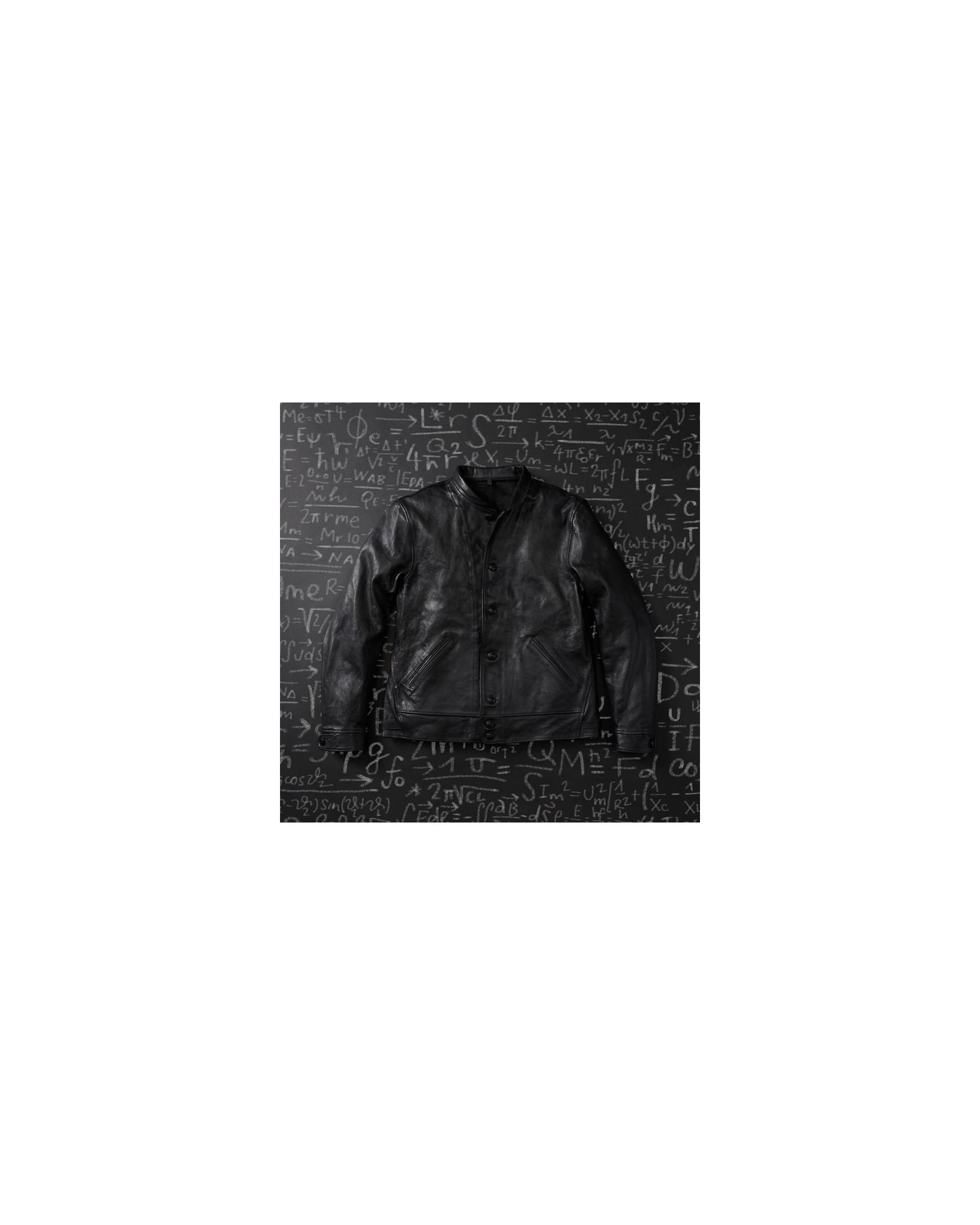 Front image of Einstein's black leather jacket laying on top of a chalkboard with numbers and equations written in white chalk.