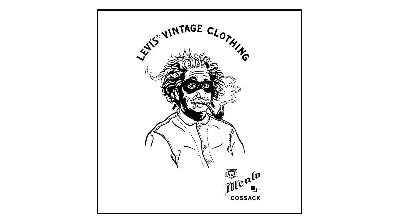 Black and white drawing of Einstein with a black eye mask on, smoking a pipe, wearing his leather jacket with the words LEVI'S® VINTAGE CLOTHING written across the top.