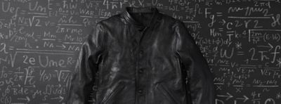 Einstein's original Levi's® Menlo Cossack leather jacket laid on top of a chalkboard background with numbers and equations.