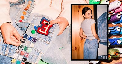 A photo of Emma, a wall of thread, and emma holding up jeans with different colored buttons against them