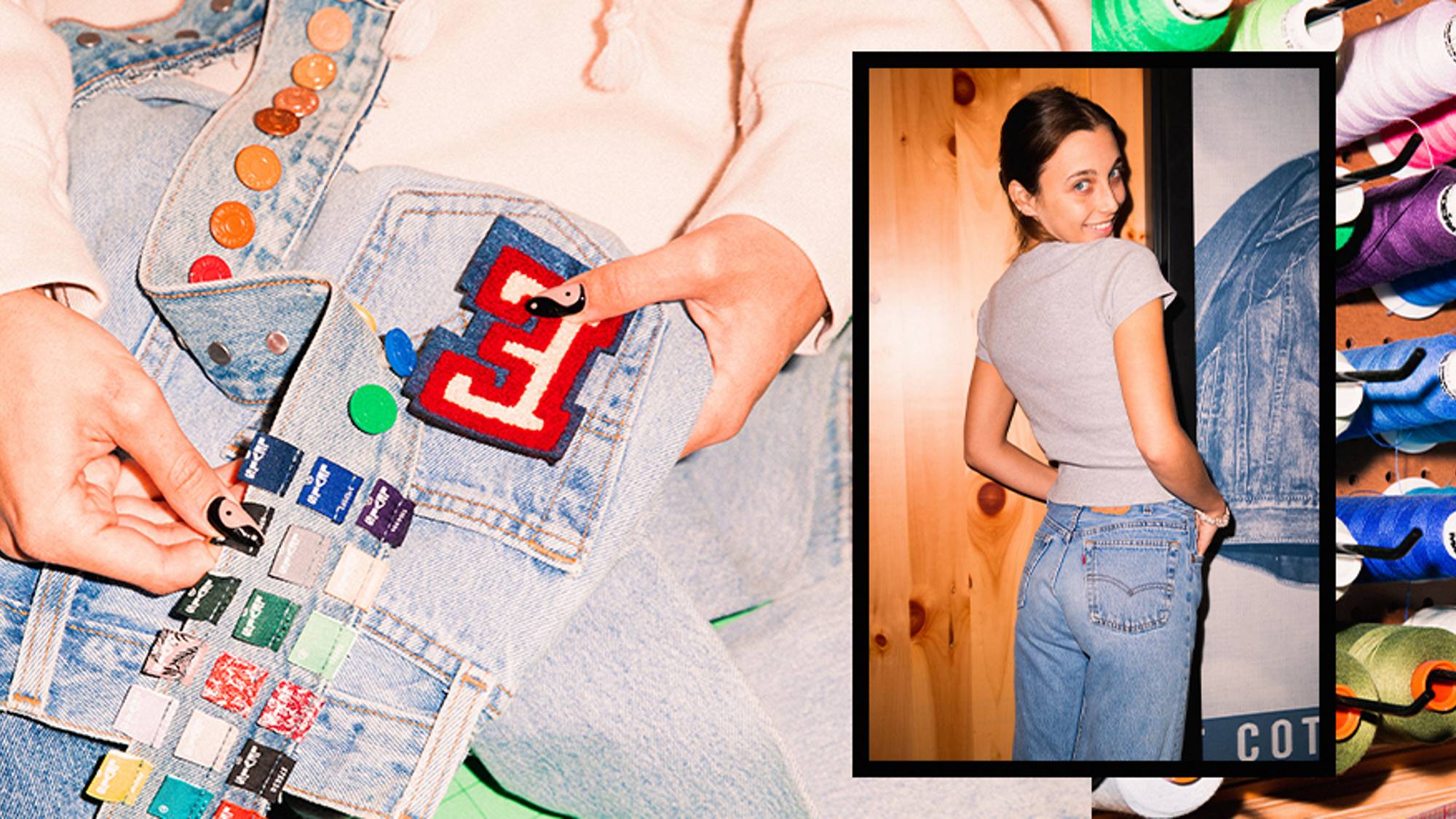 A photo of Emma, a wall of thread, and emma holding up jeans with different colored buttons against them
