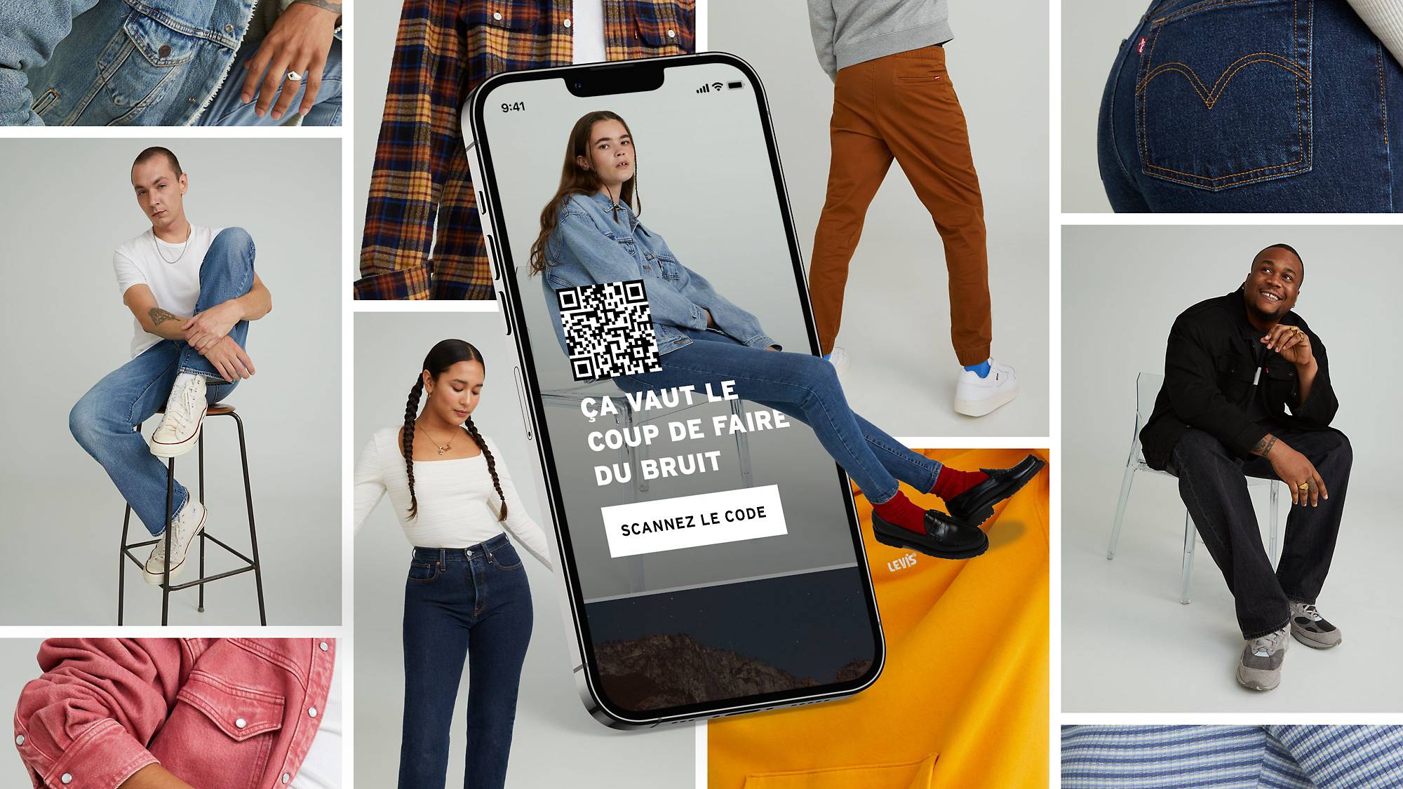 Multiple shots of models in head to toe Levi's® outfits with phone in middle showcasing the QR code for scanning/app download.