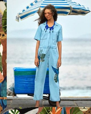 A gif of three images, The first is a woman sitting on a beach wearing a Farm Rio print dress from Levi x Farm Rio collection, the second image shows a woman in a Levi denim jumper with two blue parrots on it, and the third image is a close up shot of the chest pocket of a Levi denim trucker jacket featuring Farm Rio print on the shoulder.