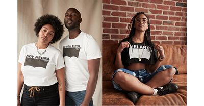 Side by side images of Black Levi's® employees wearing customized t-shirts for Black History Month.