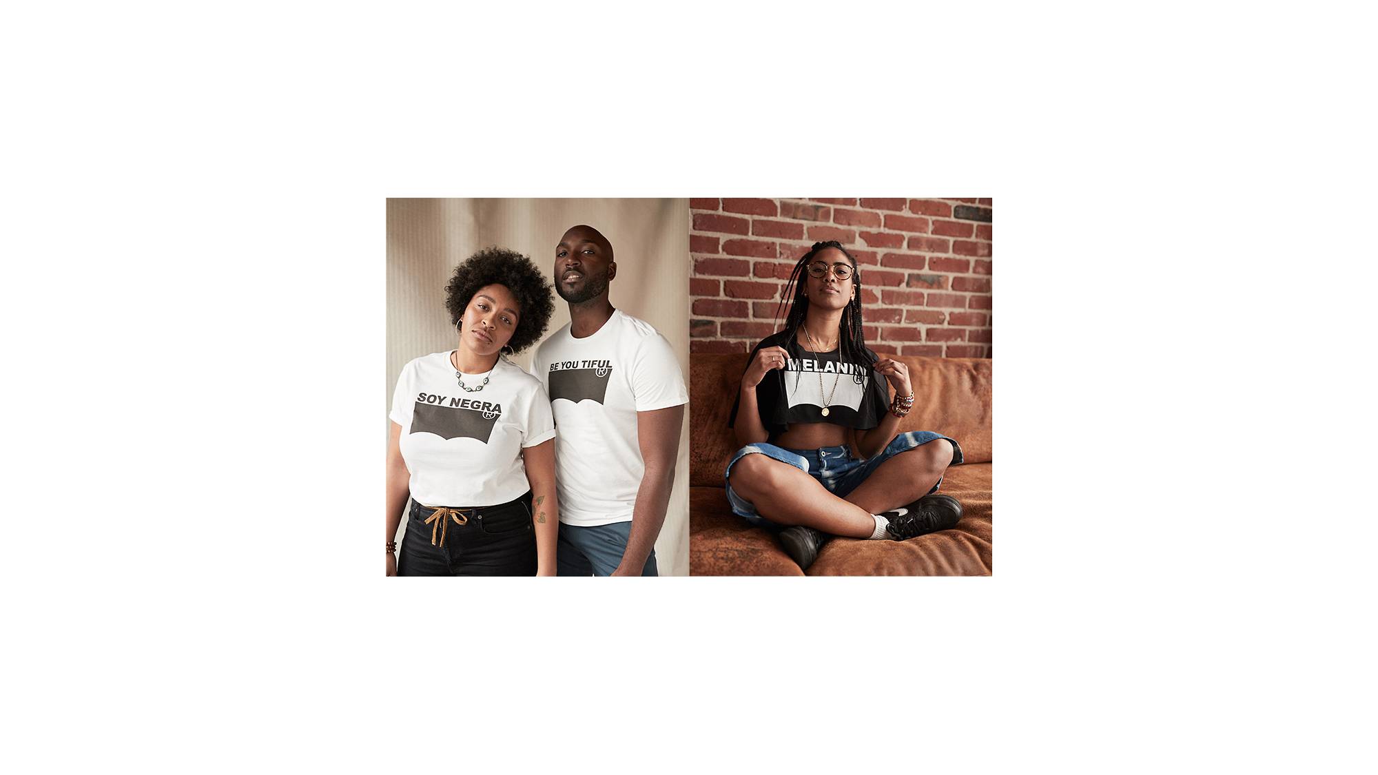 Side by side images of Black Levi's® employees wearing customized t-shirts for Black History Month.