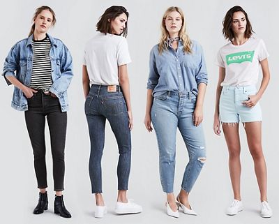 Four woman standing in front of a white background wearing four different levi's styles.