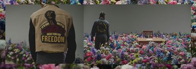 Close up images of two people wearing trucker jackets, outlined with a floral border.