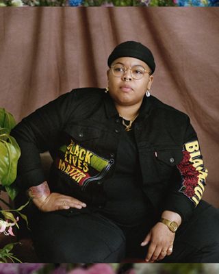 Two images over a flowery background. On the left a photo of Fresco Steez wearing a Levi's® Trucker she designed in collaboration with Levi's®. On the right a zoomed in photo of the back of a trucker jacket reading, "It is our duty to fight for our freedom".