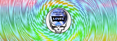 A moving background of swirling colorful squares and the Grateful Dead logo in the center with a Levi's logo