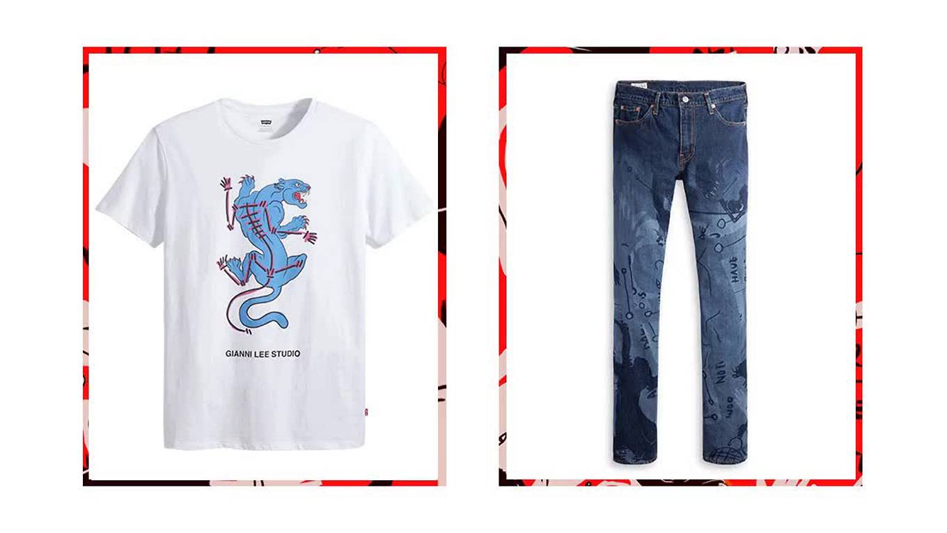 white tee shirt and jeans with artwork