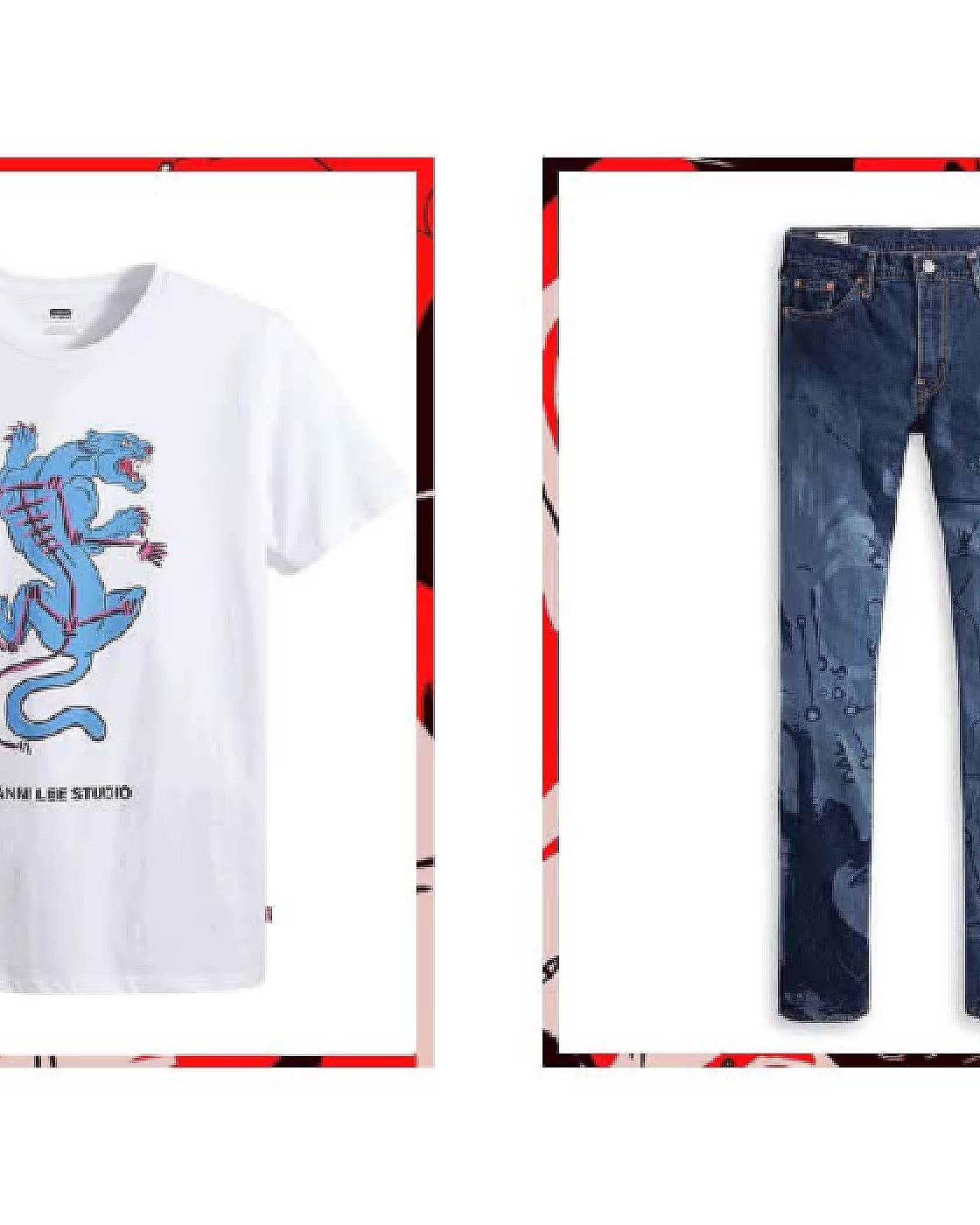 white tee shirt and jeans with artwork
