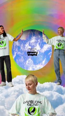 A thirty second clip of psychedelic backgrounds, grateful dead logos, and models wearing pieces from the new levi's x grateful dead collarboration