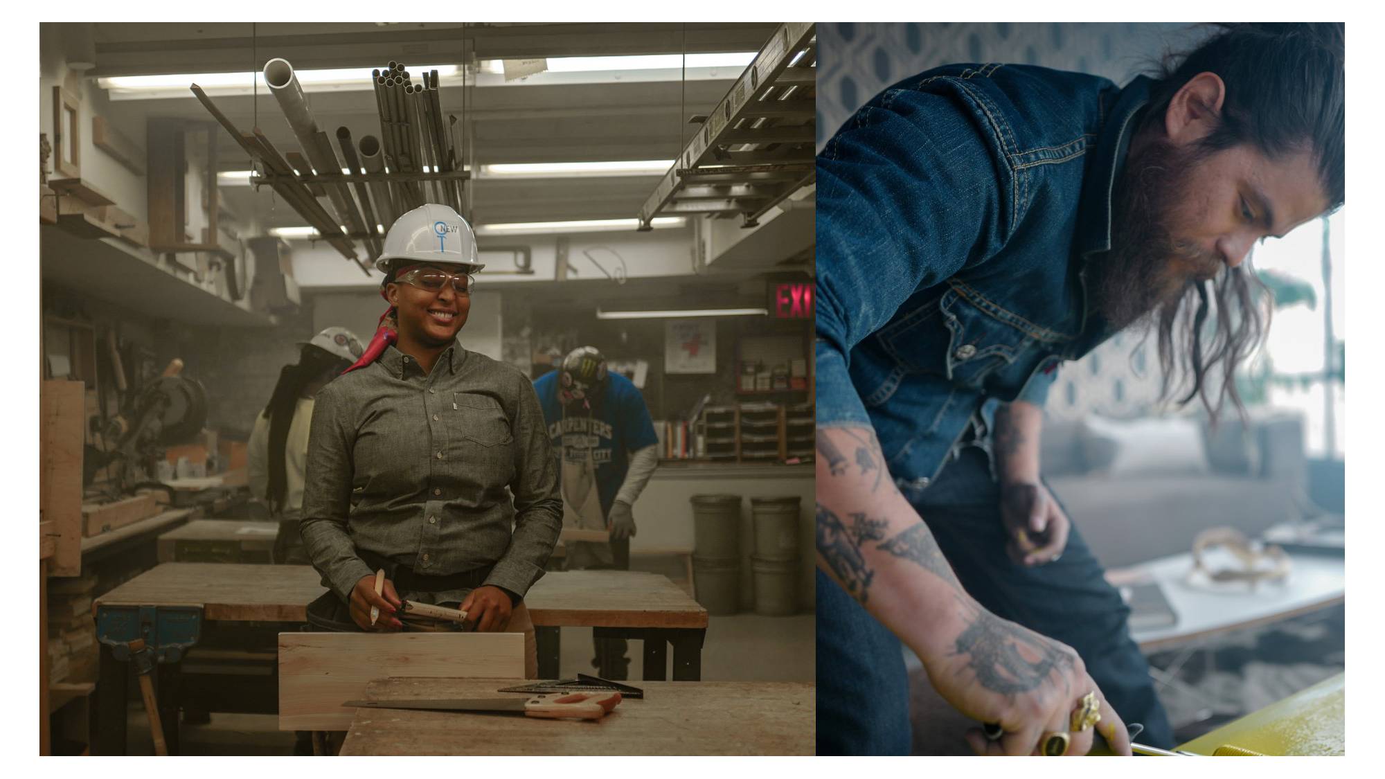 The longevity of levi's, woman working in industry wearing work hat and levi's clothing.