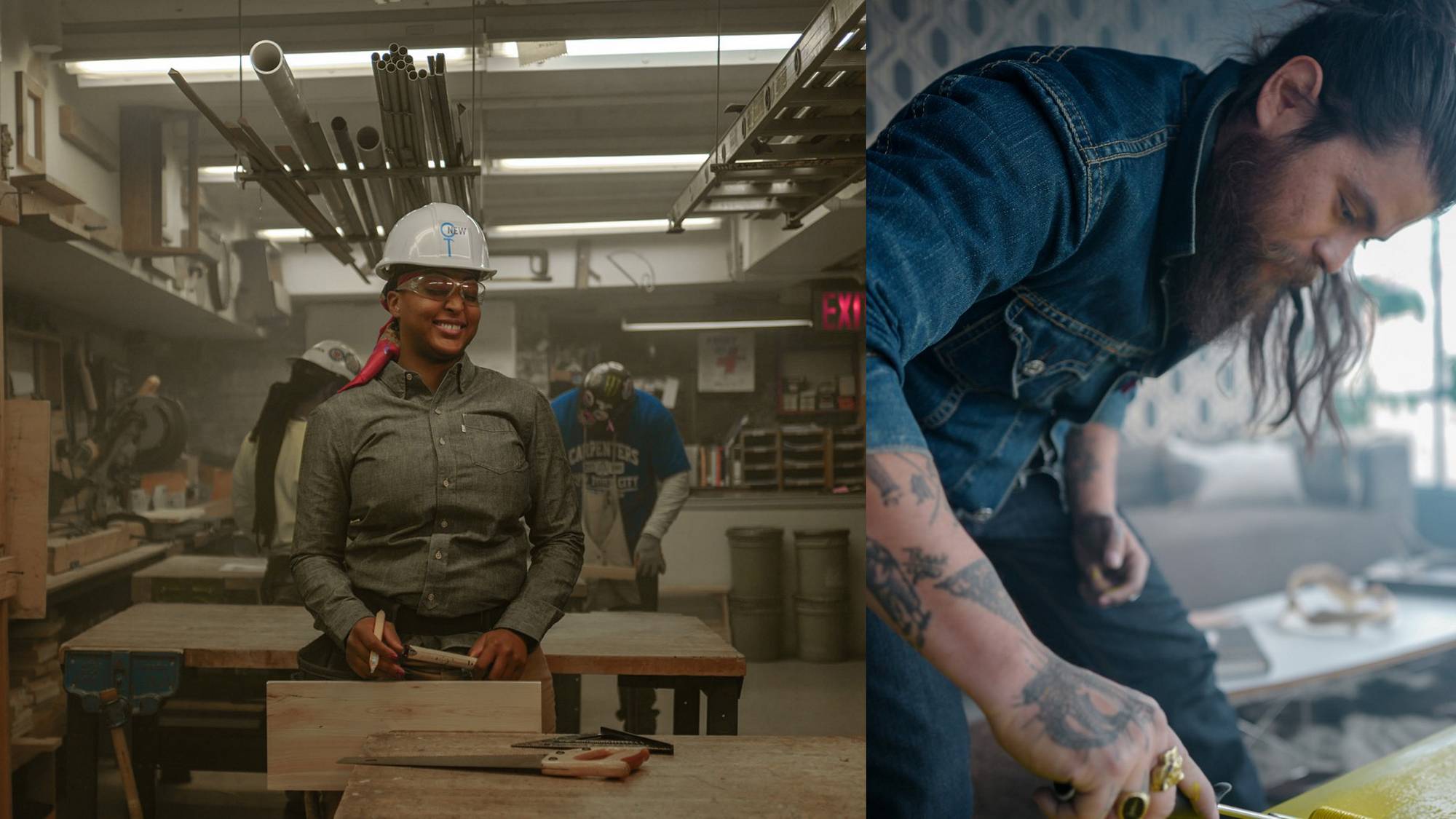 The longevity of levi's, woman working in industry wearing work hat and levi's clothing.