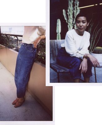 Polaroid photos of Victoria Cao. She is wearing a white top and Levi's blue jeans with mules.