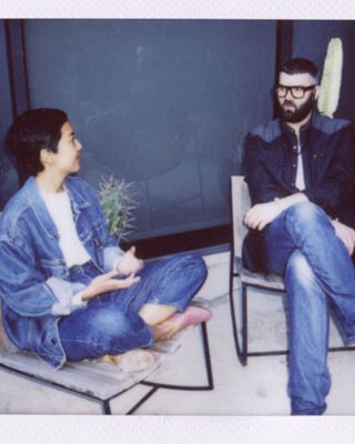 Film collage of Victoria Cao and Michael Burch sitting on deck chairs on the balcony of the Levi's Plaza.