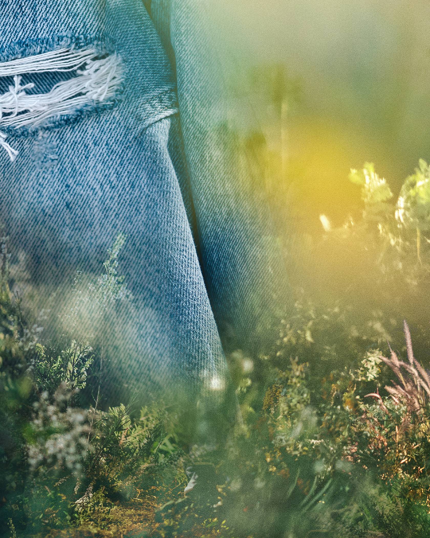 Photo of blue jeans overlaid against an image of grass and flowers.