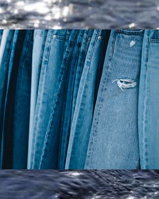 Photo of blue jeans overlaid against an image of the ocean.