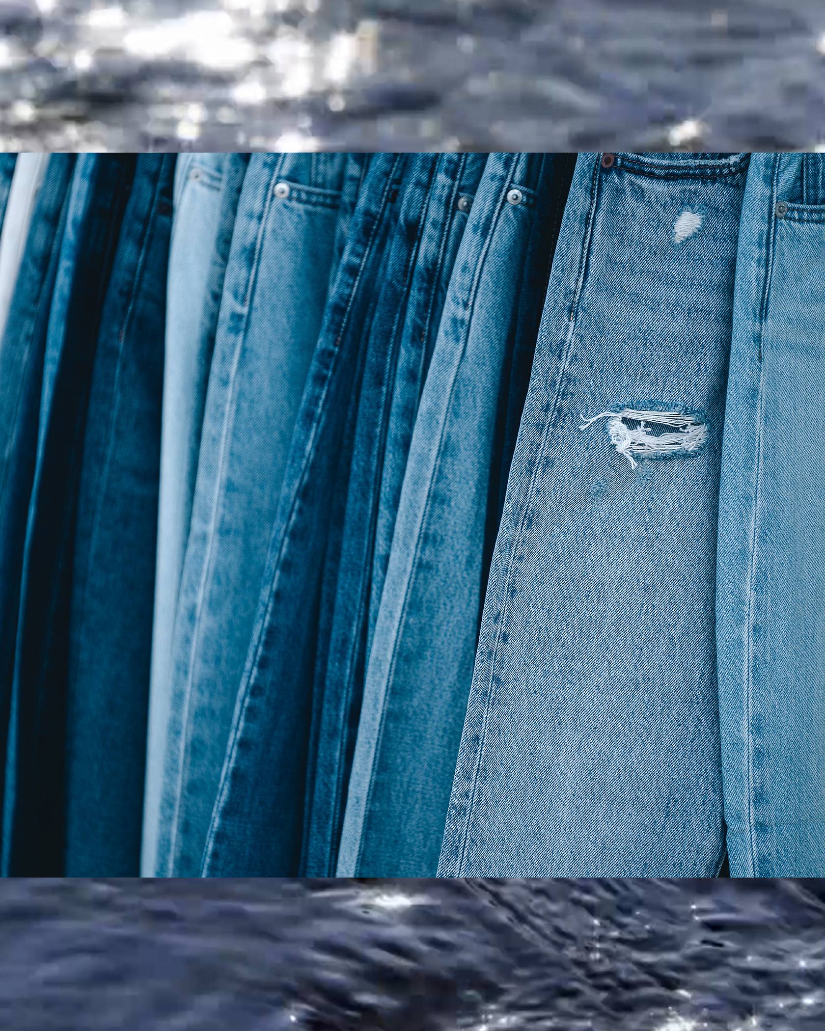 Photo of blue jeans overlaid against an image of the ocean.