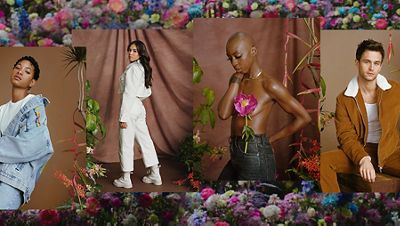 A photo of portraits of the women in the Beauty of Becoming campaign. From left to right, Willow Smith, Xiye Bastida, Oge Egbuono, Brandon Flynn, and Dolores Huerta