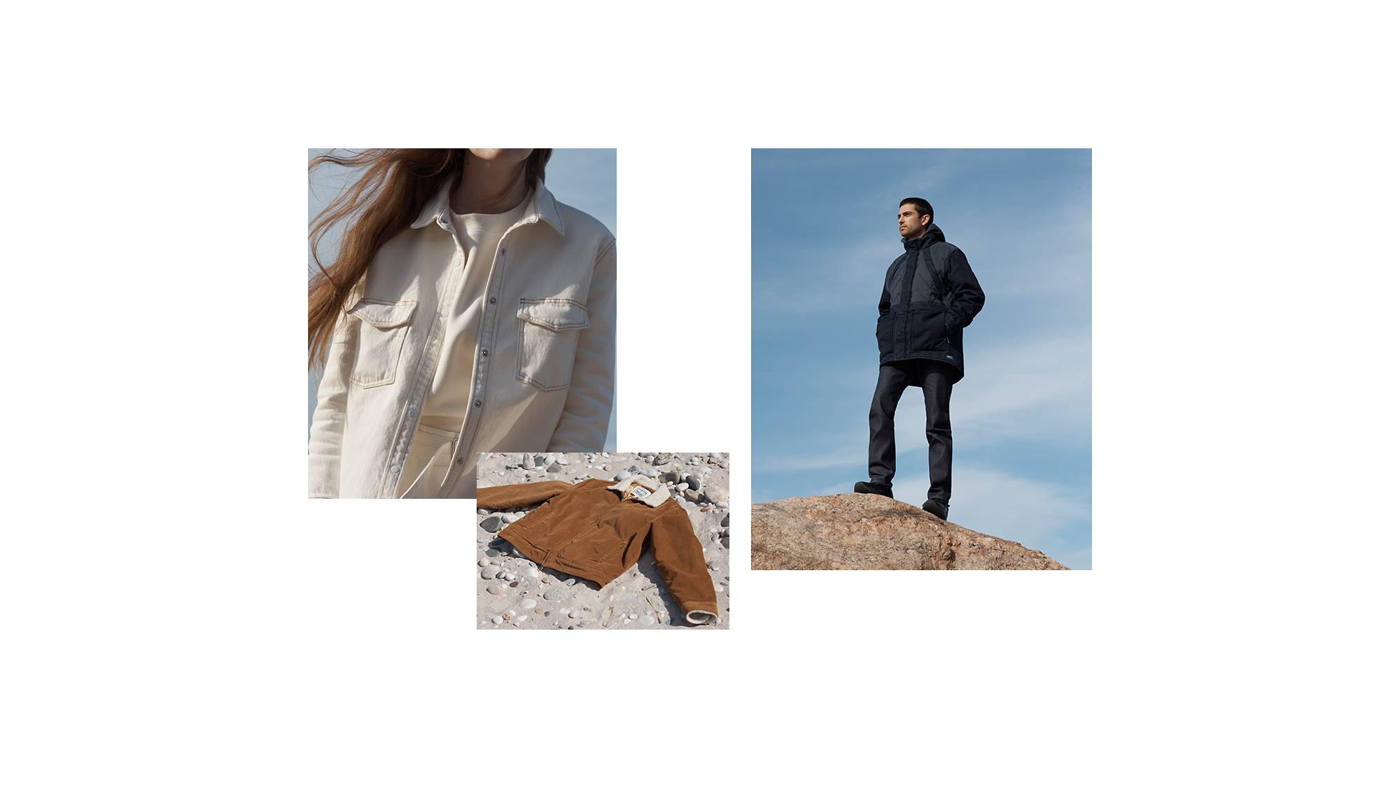 A collage of a woman wearing a white tee and denim jacket, a camel colored sherpa jacket on rocky sand, and a man standing on a boulder wearing black denim and a black jacket.