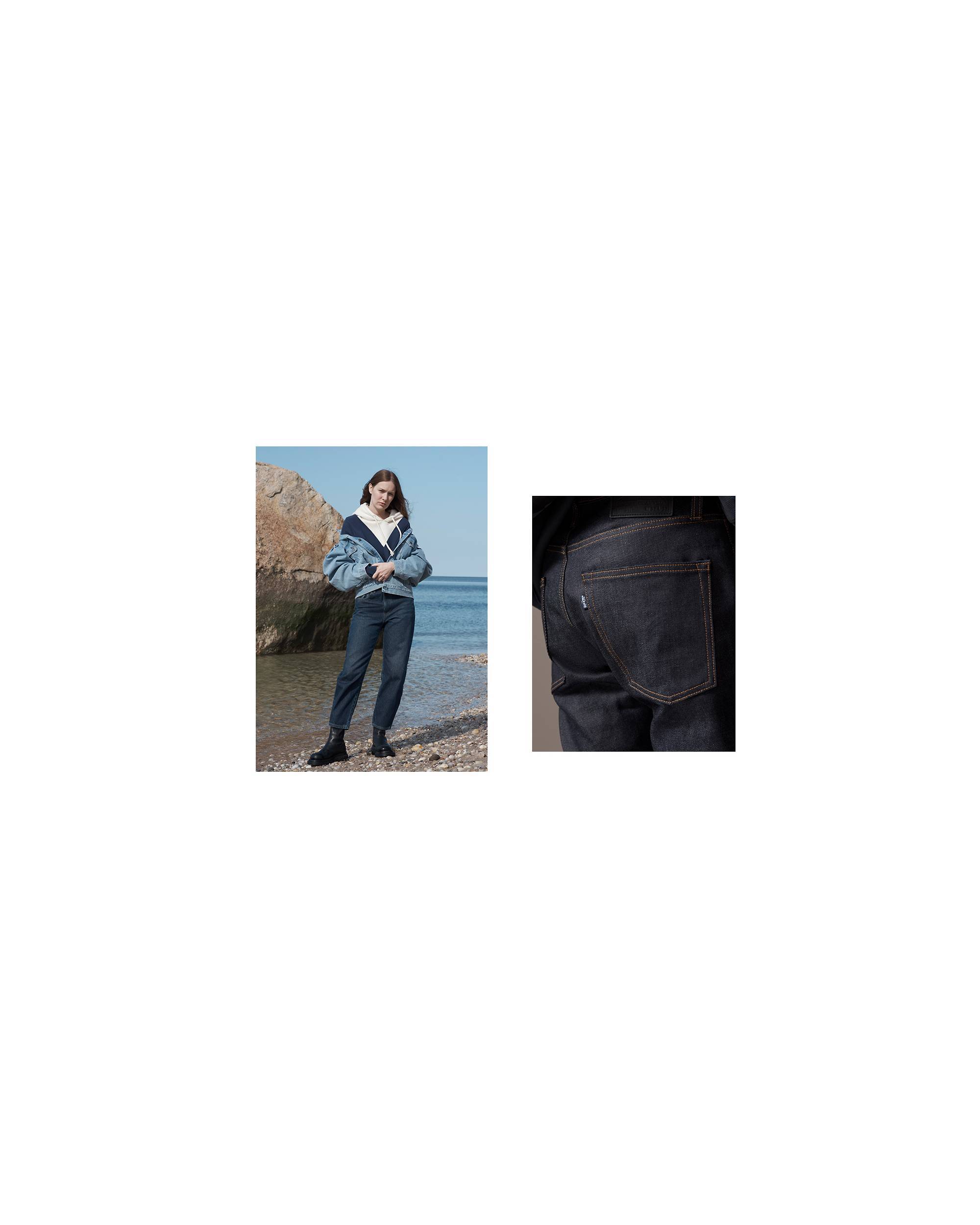 A collage of a woman standing on the shore of a beach wearing dark-washed cropped jeans and a medium-washed jean jacket over a blue and white hooded sweatshirt, and a back pocket of a men's dark-washed jean.