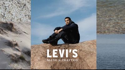 A GIF with the first image of a woman wearing a long Levi's Made & Crafted denim sherpa jacket standing in front of a grassy mountain and the second image of a man sitting on a boulder wearing black denim jeans and black jacket, bordered by texture from nature.