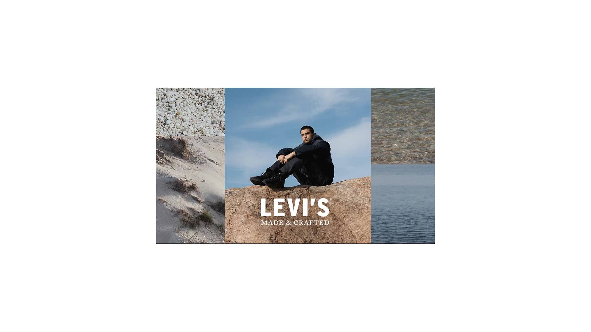 A GIF with the first image of a woman wearing a long Levi's Made & Crafted denim sherpa jacket standing in front of a grassy mountain and the second image of a man sitting on a boulder wearing black denim jeans and black jacket, bordered by texture from nature.