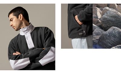A collage of an image of a man crossing his arms while wearing a two-toned gray pullover jacket, an up-close image of the pocket from the side, and an image of rocks.