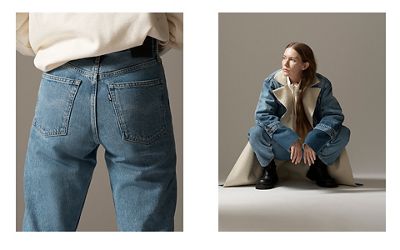 A collage of an image of the back pockets of jeans and an image of a woman crouching down wearing a long denim sherpa jacket, jeans, and a white zip up.