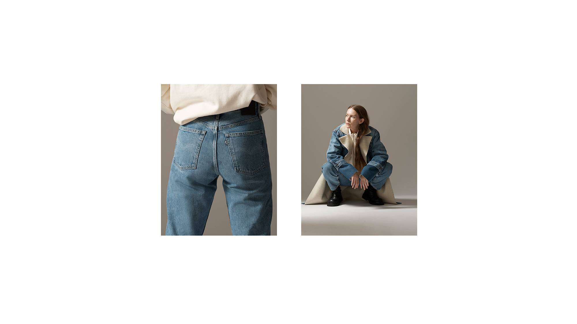 A collage of an image of the back pockets of jeans and an image of a woman crouching down wearing a long denim sherpa jacket, jeans, and a white zip up.