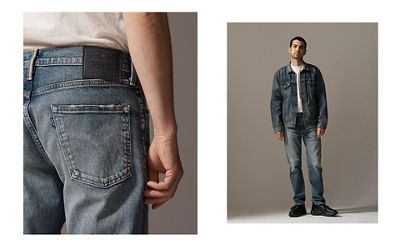 A collage of the back pocket of a man's pair of jeans and an image of a man standing while wearing jeans, a white tee, and a jean jacket.