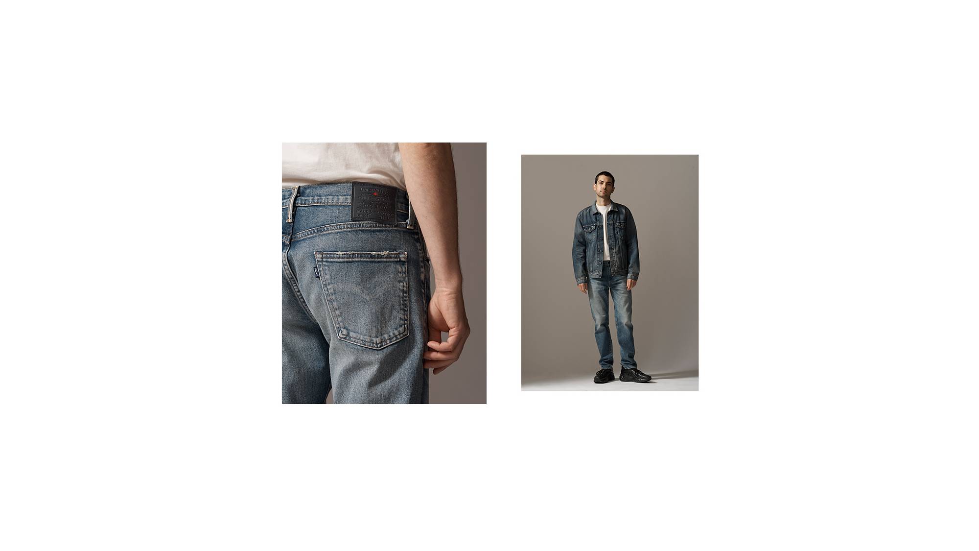 A collage of the back pocket of a man's pair of jeans and an image of a man standing while wearing jeans, a white tee, and a jean jacket.