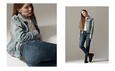 A collage of an image of a woman laying on the ground propped up on one elbow while wearing jeans and a jean jacket, and an image of the same woman standing up and crossing her legs.