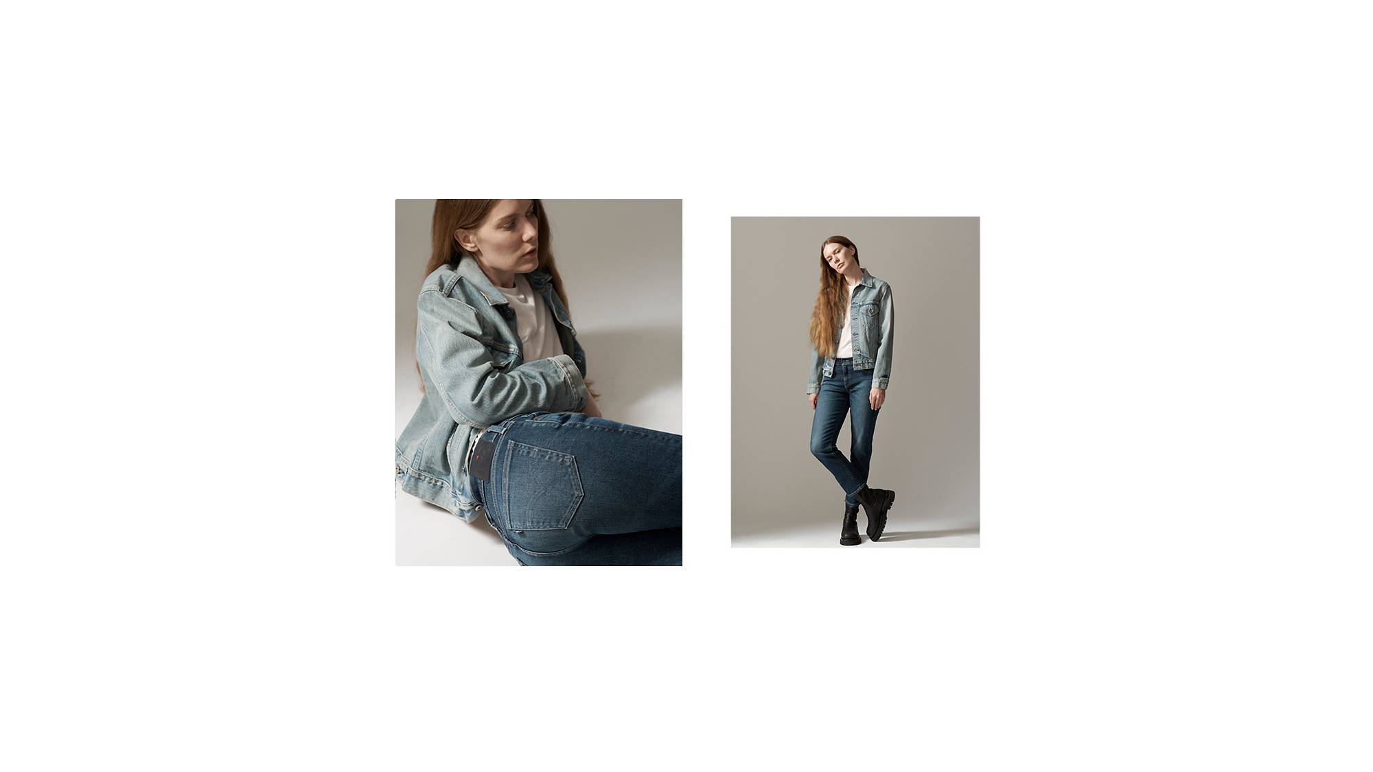 A collage of an image of a woman laying on the ground propped up on one elbow while wearing jeans and a jean jacket, and an image of the same woman standing up and crossing her legs.