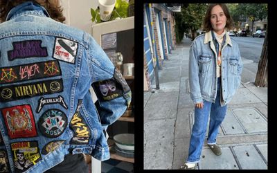 Photos of Sarah Coburn. She is wearing a Levi's Sherpa Trucker Jacket with two shirts layered underneath and Levi's jeans with Birkenstocks.