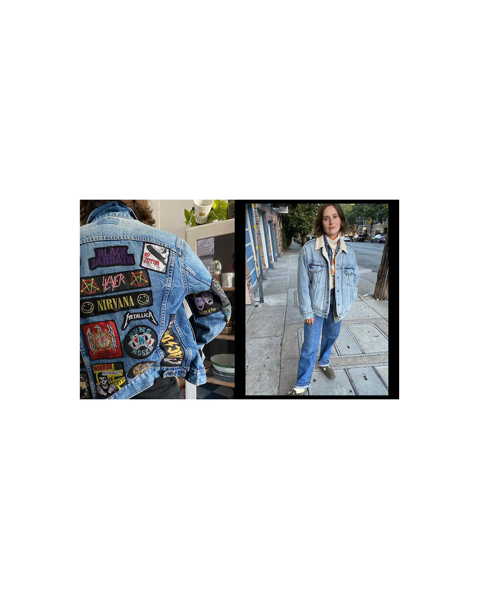 Photos of Sarah Coburn. She is wearing a Levi's Sherpa Trucker Jacket with two shirts layered underneath and Levi's jeans with Birkenstocks.